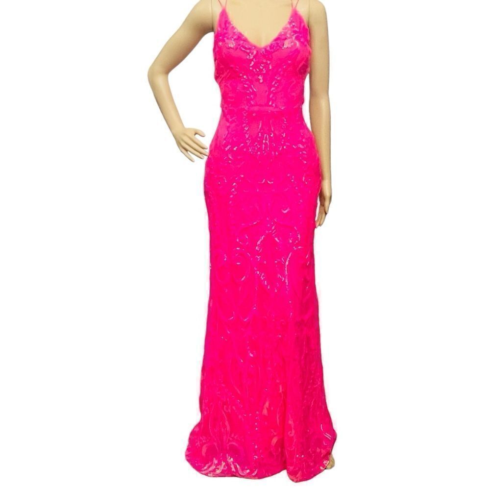 B. Darlin Pink Dress Pattern Sequin V-Neck Spaghetti Straps Maxi Gown 3-4